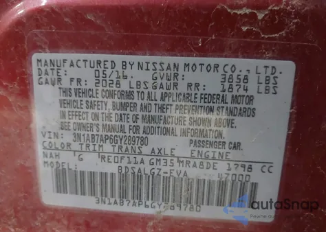 2016 Nissan Sentra Sl from USA, damaged, VIN 3N1AB7AP6GY289780